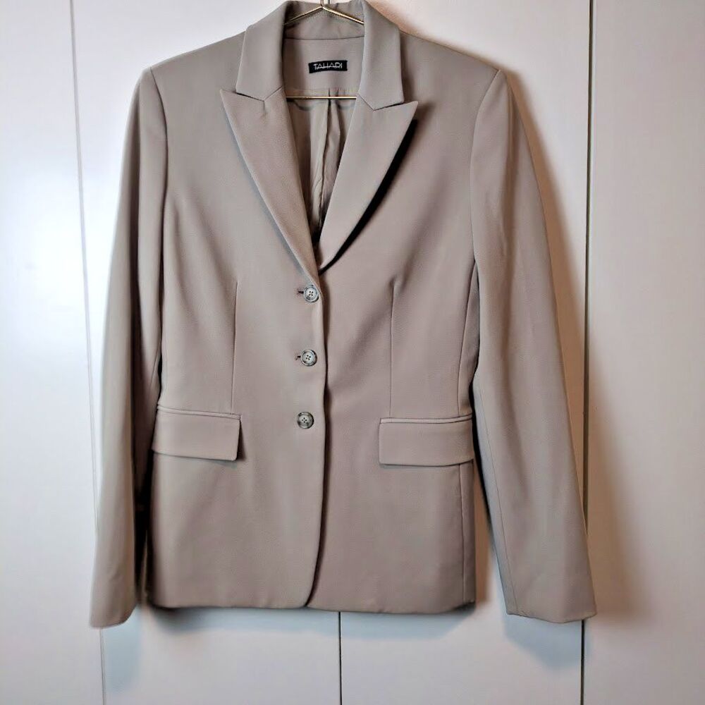 Tahari Women's 4 Suit Blazer Jacket Beige Office Polyester Spandex